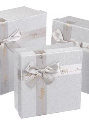 Подарочные коробки квадратные серые с бантом (комплект 3 шт), ...