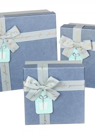 Подарочные коробки квадратные синие с бантом (комплект 3 шт), ...