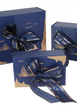 Подарочные коробки синие складные с бантом, разм.l: 28*20*9.5 ...