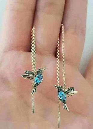 Жіночі довгі сережки протяжки птах Колібрі з синіми фіанітами