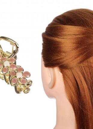 Краб для волос металлический 5см золотистый с розовыми цветами