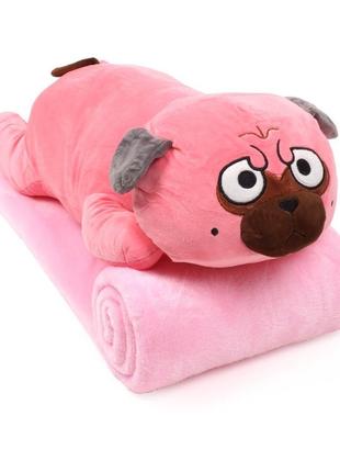 Игрушка с пледом собака мопс 60 см (игрушка+подушка+плед) розовая