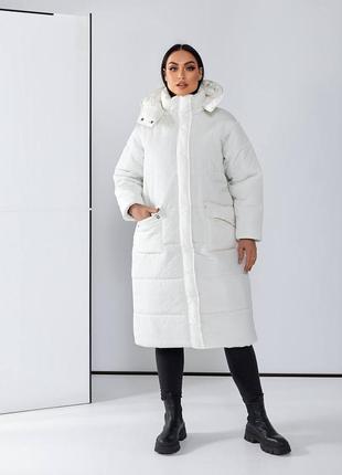 Теплое зимнее стеганное длинное пальто на синтепоне 250, женск...