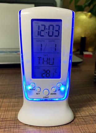 Часы будильник термометр хронограф с LED подсветкой Square Clo...