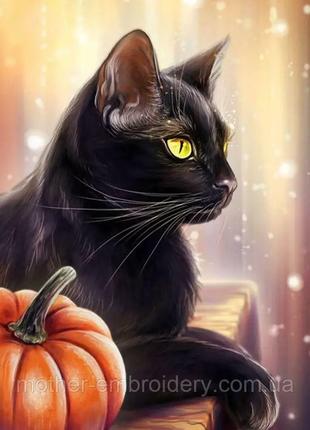Алмазная вышивка" Черный кот", кошка, радужный на подрамнике п...