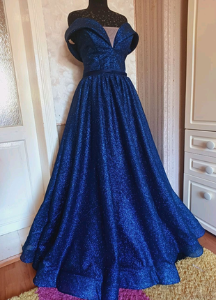 Синя блискуча   сукня  вечірня  під замовлення