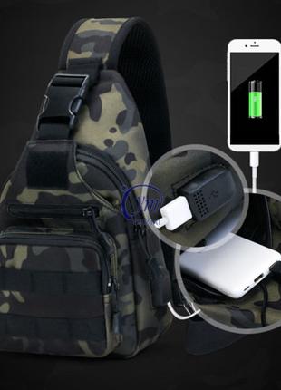 Тактическая мужская сумка через плечо с USB ходом темный камуфляж