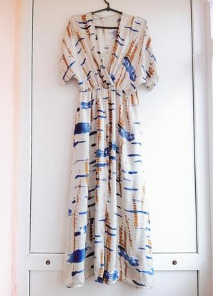 Платье женское сатин бежевое синее принт