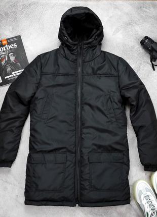 Мужская куртка теплая парка зимняя удлиненная черная с капюшоном