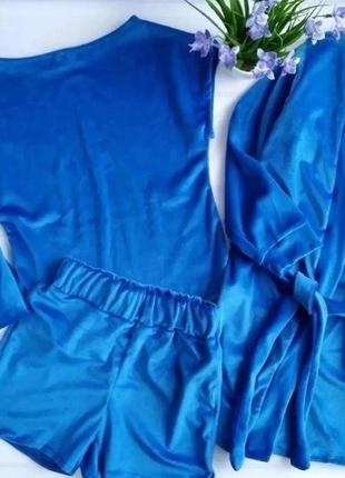Подросковый велюровый домашний комплект пижама 4 в 1 халат с п...