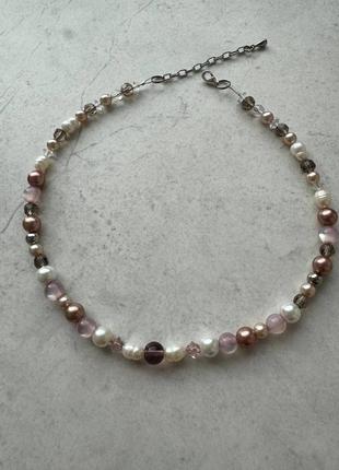 Ожерелье чекер с розовым кварцем