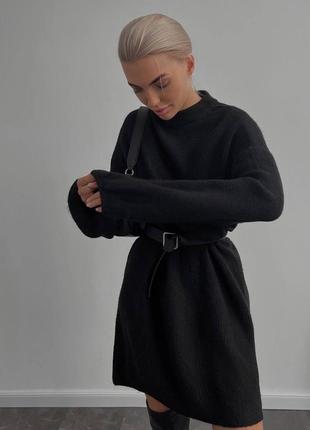 Женский черный свитер-платье с поясом🍂