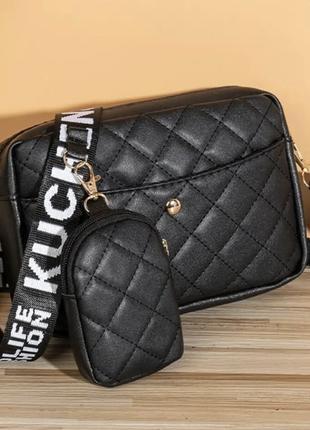 Жіноча сумка чорна через плече з тканинним ремінцем і гаманцем