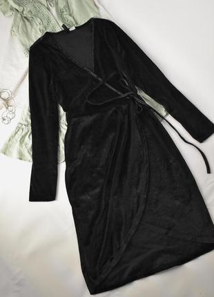 Черное велюровое бархатное платье на запах h&amp;m