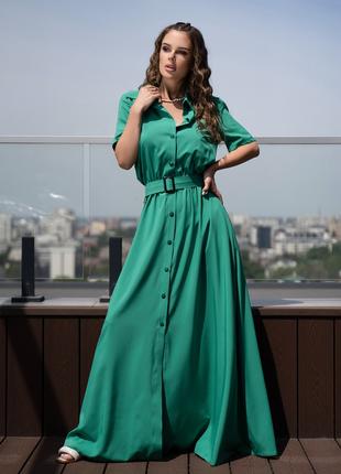 Зеленое длинное платье-рубашка на пуговицах, размер S
