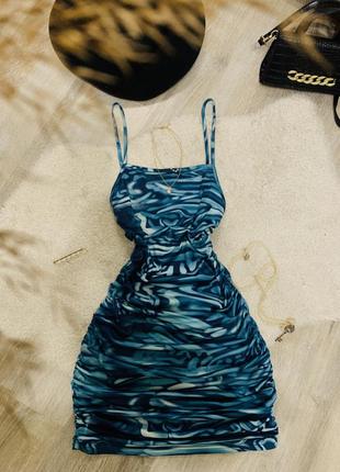 Shein платье мини миди синее голубое с драпировкой сборками