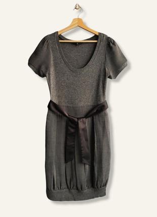 Комбінована вовняна сіра сукня з атласною стрічкою b by bessini