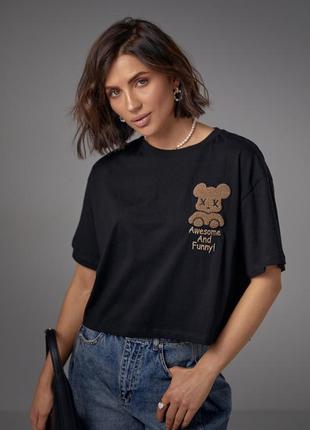 Укорочена футболка з ведмедиком та написом awesome and funny