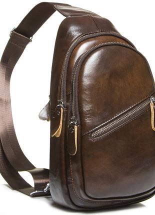 Кожаный коричневый рюкзак мужской на одно плече TIDING BAG A25...