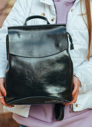 Рюкзак-сумка жіночий чорного кольору з натуральної шкіри Tidin...