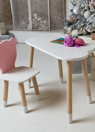 Детский белый стол тучка и стул мишка розовый. Детский столик ...
