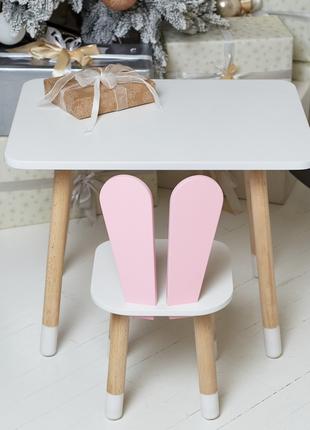 Прямокутний стіл і стільчик дитячий рожевий зайчик з білим сид...