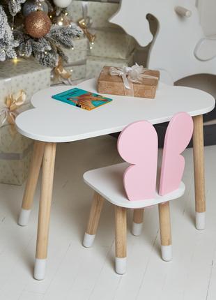 Детский белый стол тучка и стул бабочка розовый. Белоснежный с...