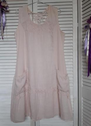 Натуральное, льняное платье нежно розового оттенка италия