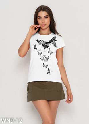 Белая футболка с принтом и кружевной бабочкой, размер S