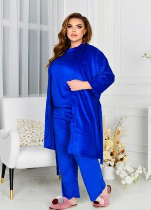 Велюровая пижама + халат 3615 ярко синий гг 52-66