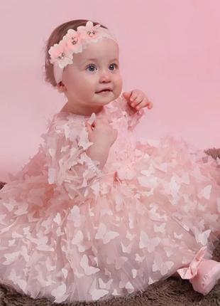 Детское нарядное платье с бабочками и повязка, 12-18 месяцев, нов