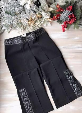 Шикарные черные женские брюки брюки с вышивкой прямые трубы клеш