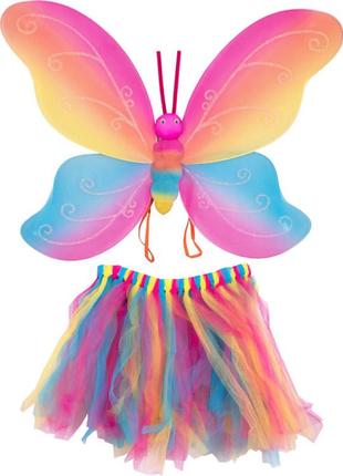 Костюм карнавальный феи: крылья радужные с тельцем, юбка радужная
