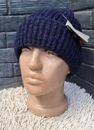 Зимняя синяя шапка ferz с подворотом шерсть 40%, альпака 10%, ...