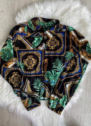 Блуза укороченная яркий тропический принт