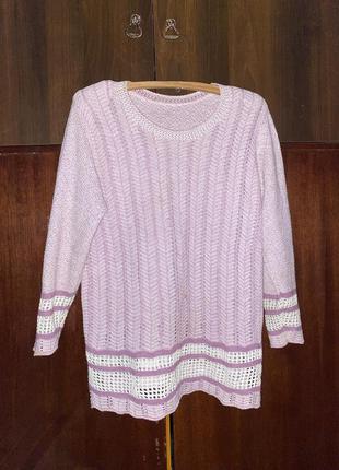 Вязаный лиловый ажурный большой свитер нарядный