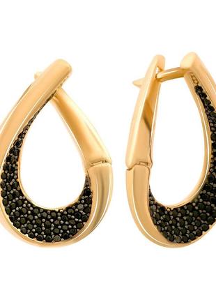 Стильные золотые сережки овальные кольца с черными камнями фиа...