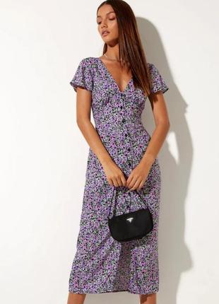 Платье женское фиолетовое чёрное цветочный принт миди