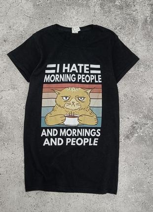 I hate morning people с котом футболка кот женская ячатая утре...