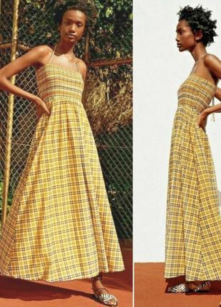 Желтое длинное макси платье в клетку zara