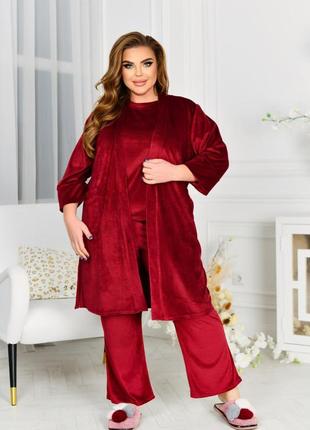 Велюровая пижама + халат 3615 красный