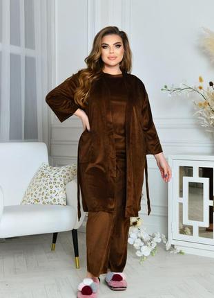 Велюровая пижама + халат 3615 коричневый