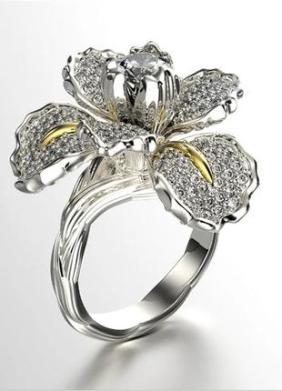 Кольцо женское колечко для девушки серебряный цветок с фианита...