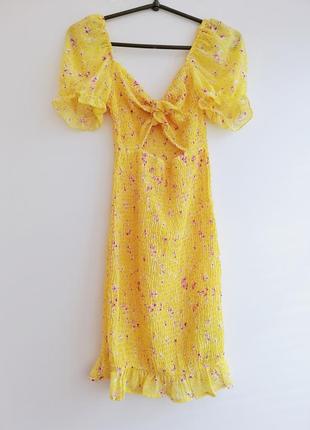 Платье женское жёлтое розовое цветочный принт