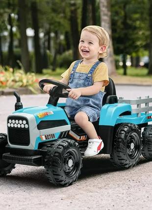 Детский электромобиль Трактор John Deere (синий цвет) с прицепом