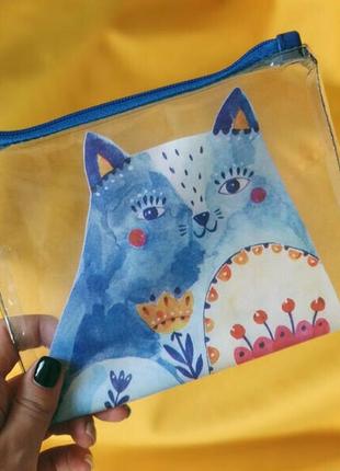 Косметичка пластиковая прозрачная синий кот