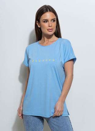 Голубая свободная футболка с надписью, размер XL