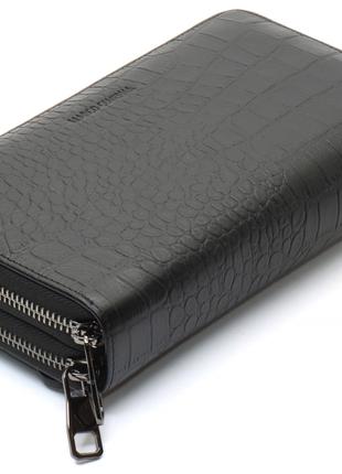 Чорний гаманець-клатч на дві блискавки із фактурної натурально...