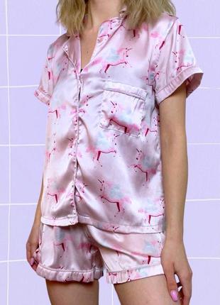 Атласная розовая пижама барби с единорогами