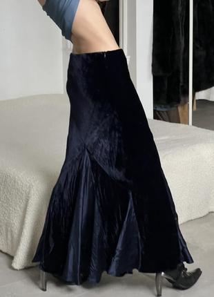 Роскошная темно синяя шелковая юбка макси в пол с бисером